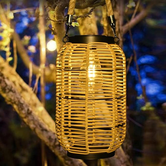 Livinlarge Solar Lantern Outdoor Hanging Lights, Large Solar Rattan Lantern Outdoor Waterproof with Twine Handle, Bright Outdoor Lanterns with Edison Bulb for Garden Patio Yard Tabletop Decoration