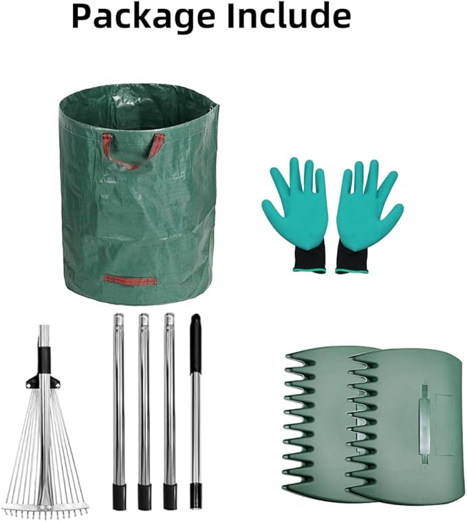 Adjustable Metal Leaf Set 65" Adjustable Handle Rake Set,32-63" Handle, 8-23" Wide with 72-Gallon Leaf Scoops&Bag-Heavy Duty Garden Rake for Lawns, Shrubs, Grass, Flower Beds & Outdoor Use