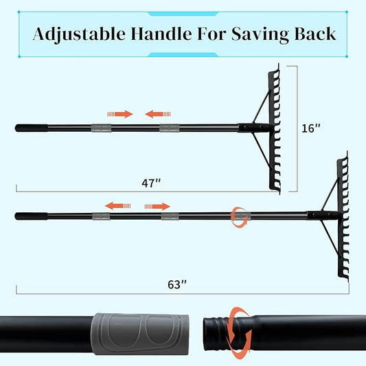 Heavy Duty Bow Rake Garden Rake with Stainless Steel Handle with 16 Steel Tines Garden Tool for Loosening Soil Gathering Leaf Leveling Lawn Farming Land Management Yarn Thatch Rakes