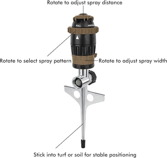 RESTMO Gear Drive Sprinkler with Metal Spike Base, 5-Pattern Heavy Duty Gardening Watering System, Multi-Adjustable Lawn Sprinkle for Garden Plant, Flower Bed and Large Yard Area Watering, Brown