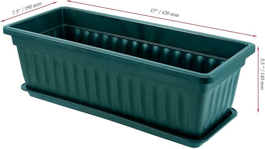 JOIKIT 6 Packs 17 x 7.5 x 5.5 Inch Plastic Window Planter Boxes with Trays, Plastic Vegetable Planter with 30 Plant Label, Countryside Flower Box Pot for Garden Windowsill Patio Balcony, Dark Green
