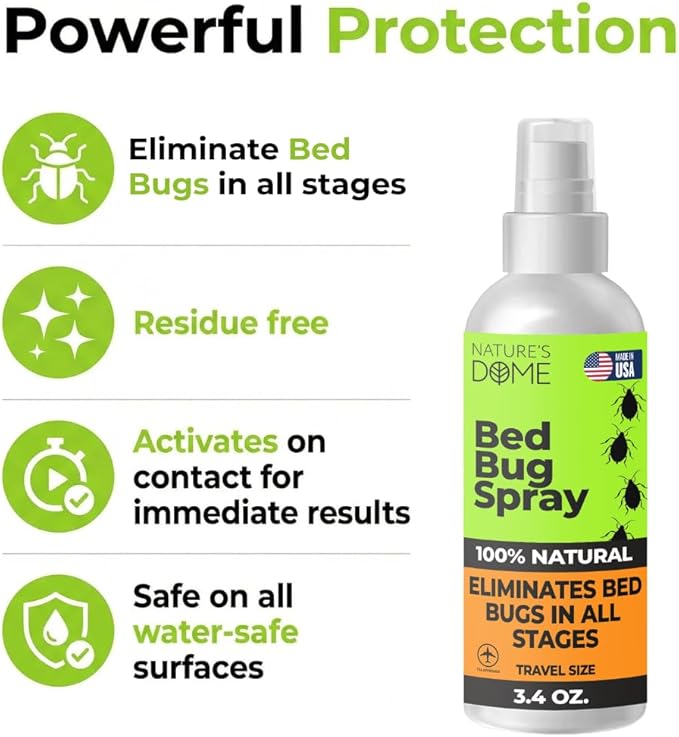 Nature's Dome Bed Bug Spray – 100% Kill Rate, Natural Bed Bug & Mite Killer, Destroys Eggs, Kills Resistant Strains, Long-Lasting Protection, Safe for Home Use (3.4 Fl Oz (Pack of 1))