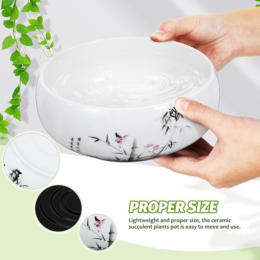 Angoily Lotus Bowl Planter, Water Lily Bowl, Water Lily Pot, Ceramic Planter Pot, Round Ceramic Hydroponic with Plastic Base, Classic Pottery Container for Indoor Plant Storage Decorative Home Office