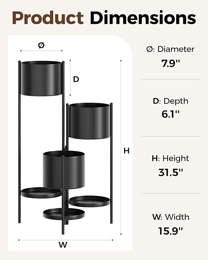 Bamworld Metal Plant Stand Indoor Corner Plant Shelf Outdoor Tall Flower Stands for Multiple Plants for Indoor Plants Garden Living Room Balcony Black