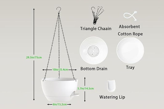 Hanging Planters, 3-Pack 10 Inch Self-Watering Pots with Drainage Holes and Chains, Matte Plastic Planters for Indoor/Outdoor Plant(White)