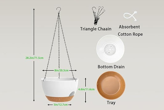 Hanging Planters 3-Pack, 8 Inch Self-Watering Hanging Pots with Drainage Hole and Chains, Plastic Planters for Indoor Outdoor(White Brown)