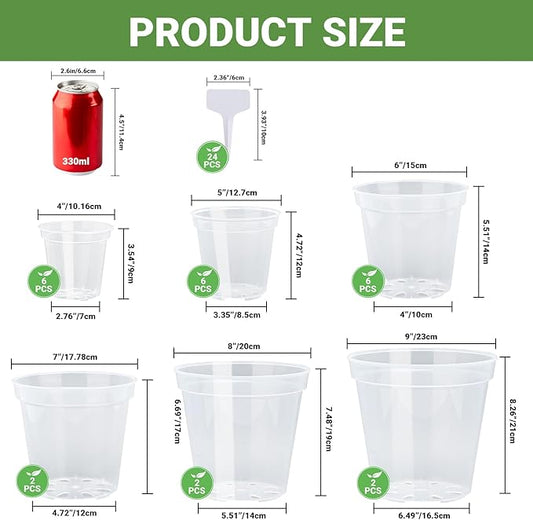 GREANER Nursery Pots for Plants, 4/5/6/7/8/9 Inch Reinforced Clear Plant Pots with Drainage Holes and 20 Pcs Plant Labels, Transparent Variety Pack Seedling Planter for Indoor Outdoor