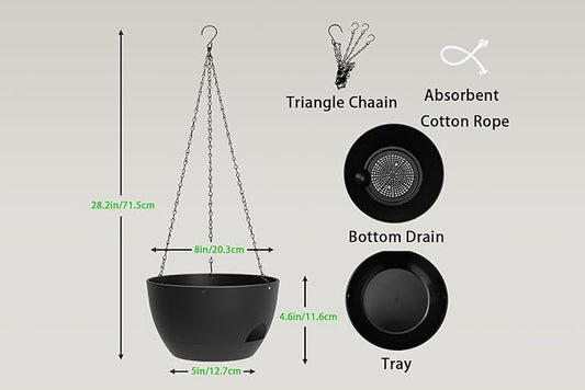 Hanging Planters 3-Pack, 8 Inch Self-Watering Hanging Pots with Drainage Hole and Chains, Plastic Planters for Indoor Outdoor(Black)