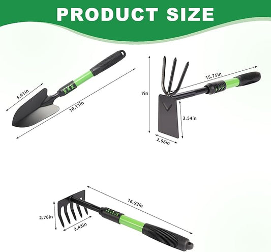 Garden Tool Set, 3 Pack Lightweight Heavy Gardening Kit Including Hand Shovel, Transplant Shovel and Hand Rake with Soft Rubber Non-Slip Handle, for Planting Weeding Digging, Green 