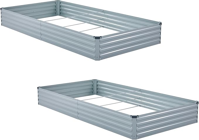2 Pack 6x3x1FT Galvanized Raised Garden Bed Kit, Outdoor Metal Planter Box for Vegetables, Bottomless Rectangular Gardening Bed with Support Rods, Tool-Free Assembly, Gray
