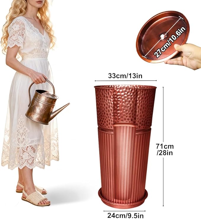 2 Pcs Pack Metal Tall Tapered Planter Pots Large Round Planter Flower Pot with Drainage Holes for Indoor Outdoor Deck Porch Garden Home Patio Front Door (Glossy Copper, Large)