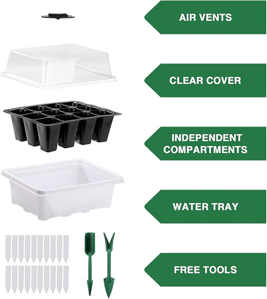 Delxo 10 Pack Seed Starter Kit with Humidity Domes - 120 Cells Seedling Trays with Adjustable Vents & Base - Reusable Plant Germination Trays for Seed Starting - Includes Plant Tags & Garden Tools