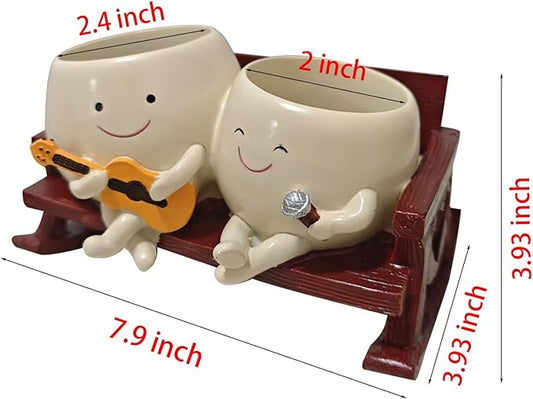 Smiley Face Planter Pot, Cute Funny Heart Rocking Chair Double Head Face Planter Pot with Unique Guitar and Microphone for Indoor Outdoor, Succulent Flower Pots with Drainage Hole 