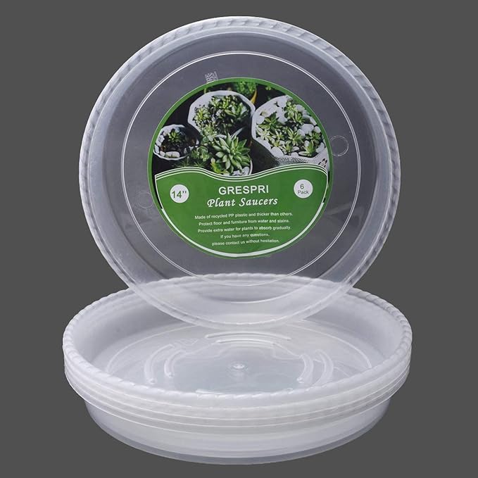 Clear Plant Saucers 14 Inches for Indoors and Outdoors, 6 Packs Heavy Duty Plastic Plant Trays with 12.5 Inches Bottom Diameter, 5 Gallon Grow Bag Saucer.