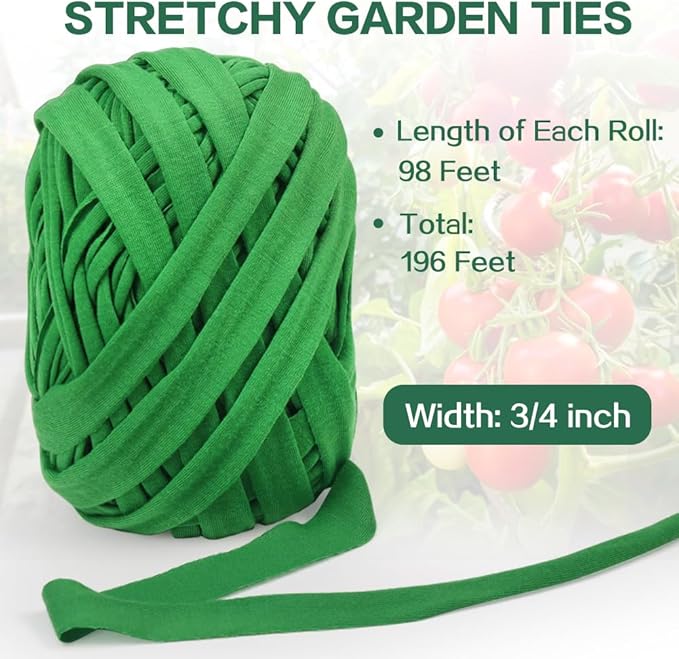 2 Pack Garden Twine, 196 Feet Stretchy Tomato Twine String, Green Cloth Plant Ties for Climbing Plants, Tomatoes, Fruit Trees, Gardeners (98 Feet/Roll)
