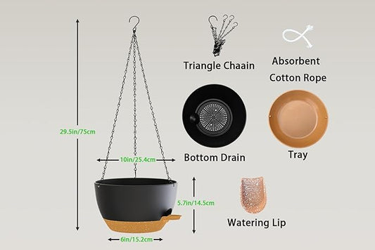 Hanging Planters, 3-Pack 10 Inch Self-Watering Pots with Drainage Holes and Chains, Matte Plastic Planters for Indoor/Outdoor Plant(Black Brown)