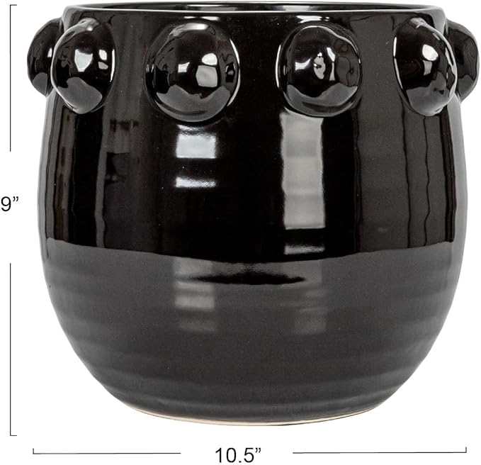 Creative Co-Op Round Terra-Cotta Planter with Raised Dots Design, Black
