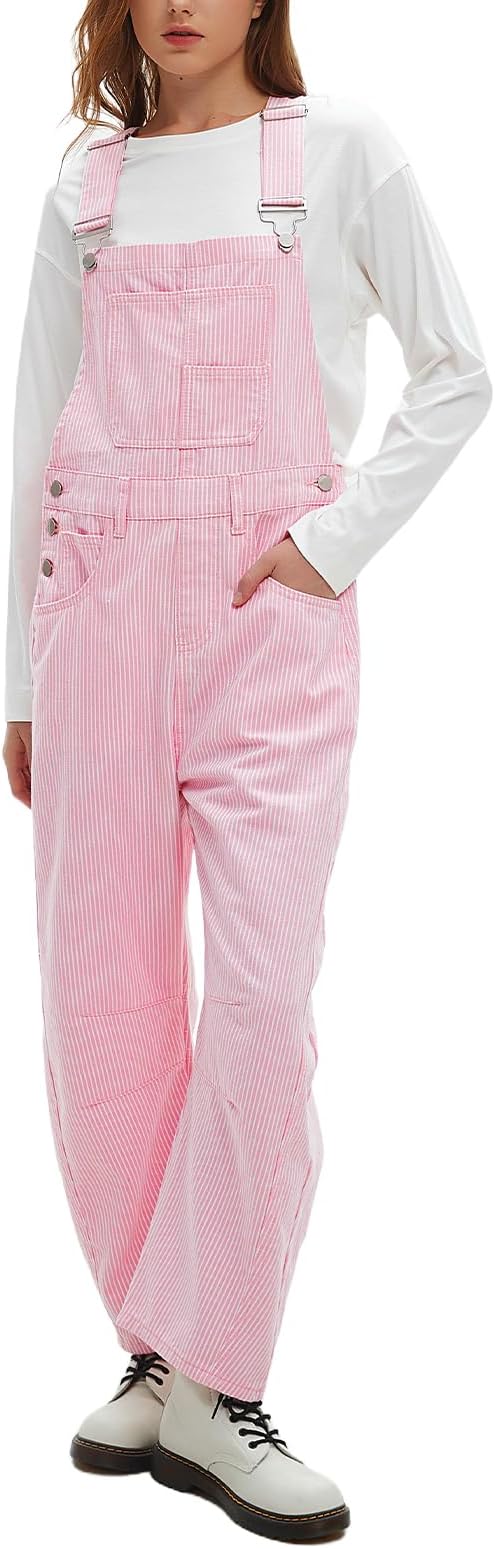 D-Sun Women's Striped Bib Overall Barrel Casual Tapered Overall Pants Wide Leg Adjustable Straps Stretch Jumpsuits