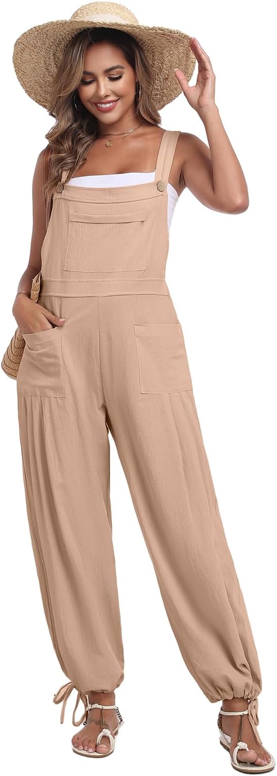 ALSOGO Womens Wide Leg Overalls Loose Beach Vacation Outfits Jumpsuits 2025 Causal Sleeveless Rompers with Pockets