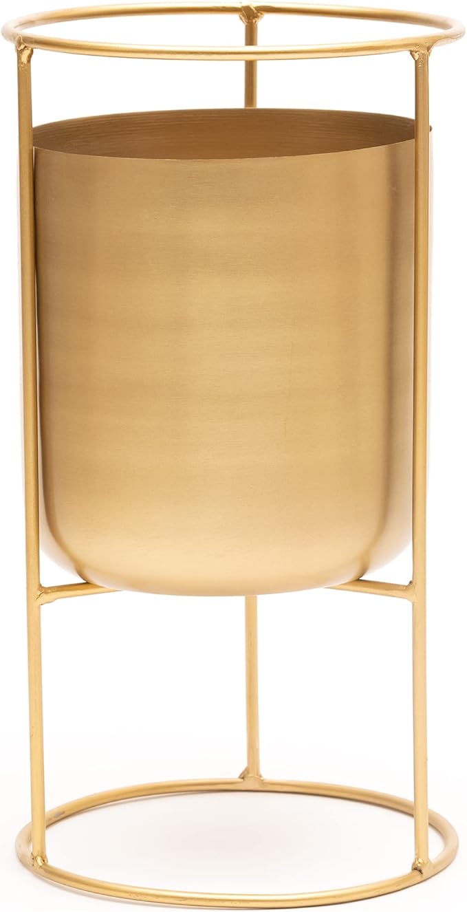 Olly & Rose Matt Metal Plant Pot with Gold Plant Stand - Tall 20 Inch Height Large Plant Pot Indoors with Stand - Large Decorative Planter