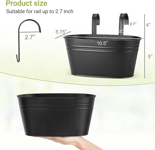 Dahey 10.5 Inch Metal Iron Hanging Flower Pots for Railing Fence Hanging Bucket Pots Countryside Style Window Flower Plant Holder with Detachable Hooks Home Decor,Black,5 Pcs