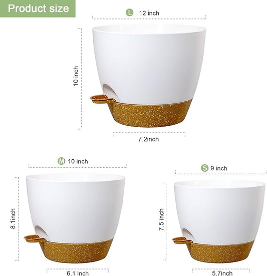 12/10/9 inch Large Self Watering Pots, Plant Pots with Mesh Drainage Holes for Indoor Outdoor Garden Plants, Flower Pots with Deep Reservoir, 3 Pack Plastic Planters, White with Brown