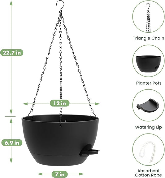 2 Pack 12 Hanging Flower Pots with Chains Self Watering Plastic Planters for Indoor Outdoor Plants, Sturdy Triangular Iron Chain Design for Garden PorchPlastic Hanging Flower pots (2, Black)