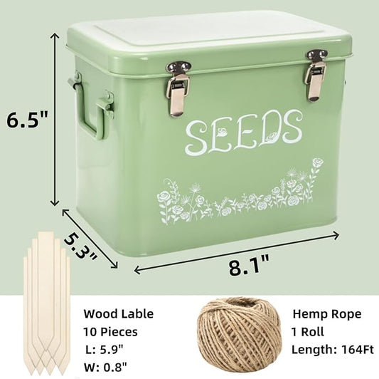 Seed Storage Organizer, Metal Seed Saving Box with Garden String and 10 Wood Plant Labels, 3 Compartment Seed Container Bin with Lid and Safety Locks, Perfect for Flower Plants Garden Lover