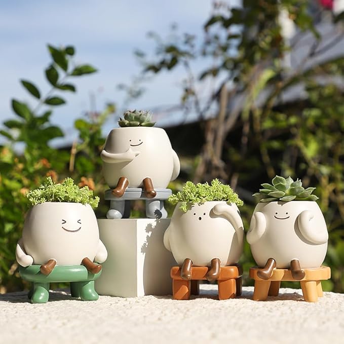 EOBTAIN Cute Smily Face Planter Pot Head Unique Sit Bench Succulent Pots Flower Cactus Pots with Drainage Holes Kids Resin Planters Decorative Pots for Indoor Garden,Ideal Birthday