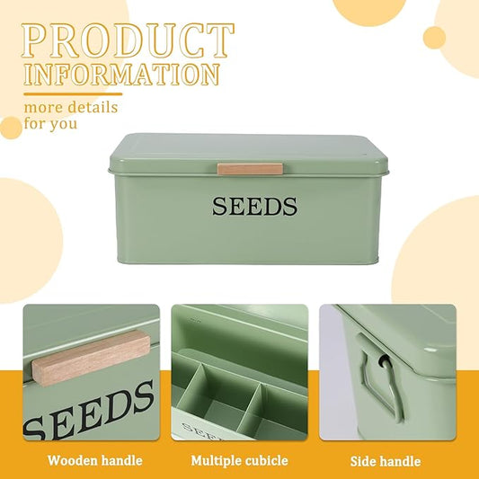 Seed Storage Organizer with 4 Dividers,Metal Seed Saving Box with Lid, Seeds Bin Storage Container Kit with 2 Pens,20 Plant Labels and 50 Seeds Envelopes, Perfect for Flower Plants Garden
