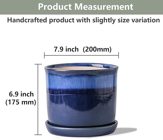8 Inch Plant Pot: Ceramic Planter with Drainage Hole & Saucer for Indoor Outdoor Plants - Flowerpot with Bonded Tray for Home Office - Blue Reactive Glaze