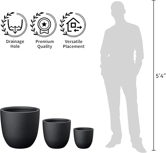 Kante Round Concrete Planter, Large Outdoor Indoor Garden Pots with Drainage Hole, 14-Inch Diameter Flower Pots for Patio, Garden and Home, Black