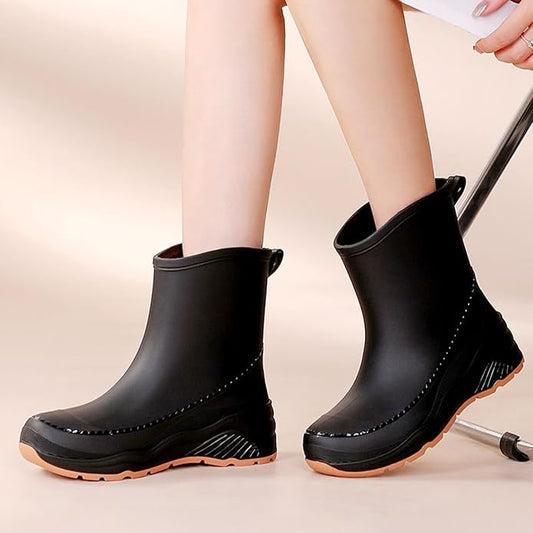 Women'S Chunky Platform Rain Ankle Boot Fashion Comfort Round Toe Waterproof Anti-Slip Thick Sole Pull On Garden Chelsea Rain Boots for Outdoor Work Booties