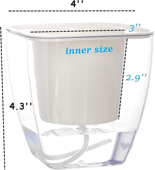Lyellfe 6 Pack Plastic Self Watering Pots, 4 Inch Clear African Violet Pots for Indoor Plants, Automatic-Watering Planter with Drainage, Wick Rope, Windowsill Gardens, Herb, Orchid
