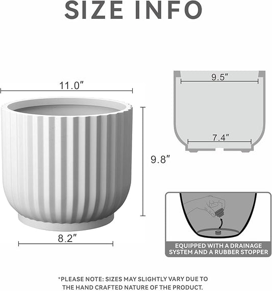 Kante Round Fulted Planter, 14 Inch Dia Large Concrete Plant Pots with Drainage Hole and Rubber Plug, Modern Decor for Indoor Outdoor Plants, Flower, White