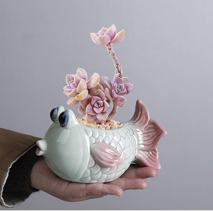 6 Inch Vintage Tropical Fish Ceramic Planter, Cute Cartoon Succulent Cactus Bonsai Pot, Air Plant Holder Display Container for Home Office Desk Shelf Windowsill Decor (No Plants)