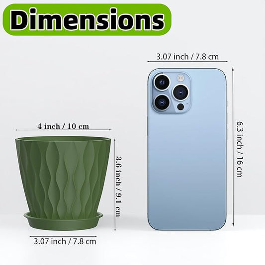 16 Pack 4 Inch Plastic Planter Pots with Tray, Heavy Duty Indoor Outdoor Planter Pots with 48 Drainage Holes for Herbs, Succulents, Seedlings, Flowers Durable and Lightweight Army Green