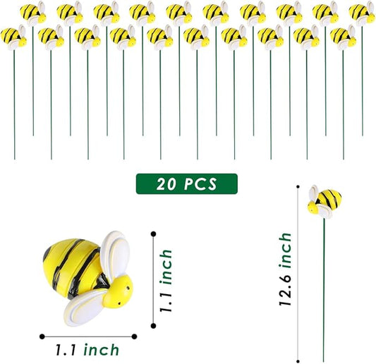 Bee Garden Stakes Decor, Metal Plant Garden Decor Yard Art, Cute Bee Design Decorative Garden Stakes for Garden Lawn Corridor Plant Pot, Flower Bed Decor Yellow (20Pcs)