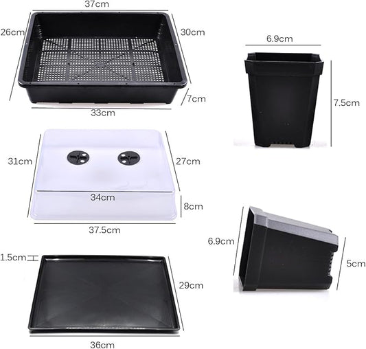 eZAKKA 37x30cm Seed Starter Tray Seed Seedling Starting Kit Plant Germination Kit Humidity Dome with 20 Pieces Square Seed Starter Pots (Black Pots)