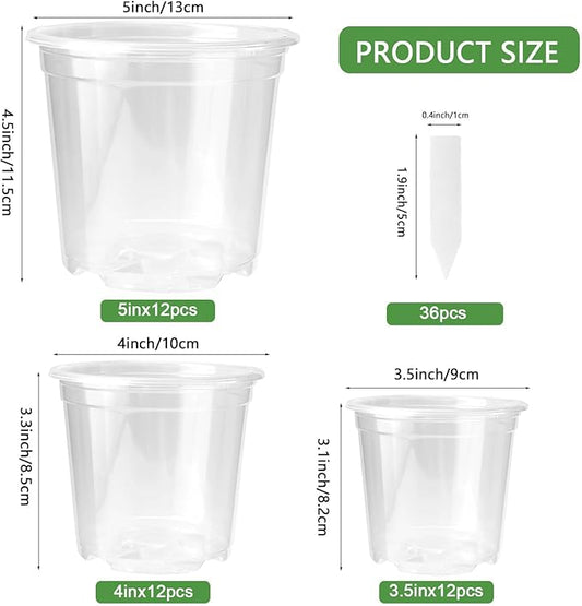 Wironlst 36 Packs 3.5/4/5 Inch Clear Nursery Pots for Plants, Transparent Plastic Pots for Plants with Drainage Holes Durable Seed Starter Pot Flower Pots with 36 Plant Labels
