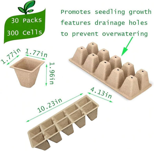 300 Cells Peat Pots Seed Starter Tray 30 Packs Biodegradable Seedling Pots Germination Trays Peat Pot for Seedling Organic Seed Starting Trays kit with (30 packs-300cells)
