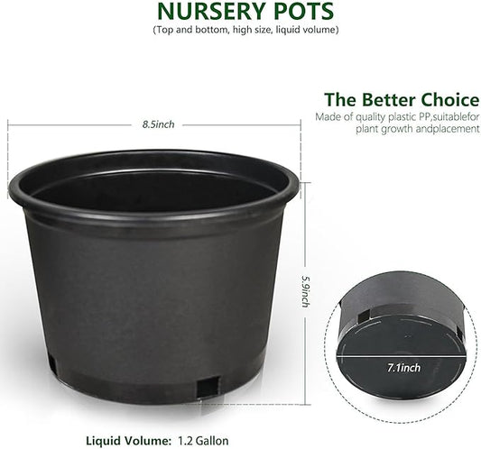 10-Pack 1.2 Gallon Round Planter Nursery Pots, Flower Plant Container Injection Molded Plastic Nursery Pots Gardening Pot for Indoor Outdoor Vegetables, Succulents, Black