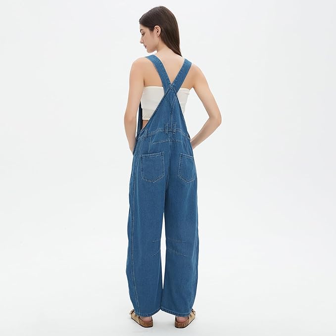 D-Sun Women's Striped Bib Overall Barrel Casual Tapered Overall Pants Wide Leg Adjustable Straps Stretch Jumpsuits