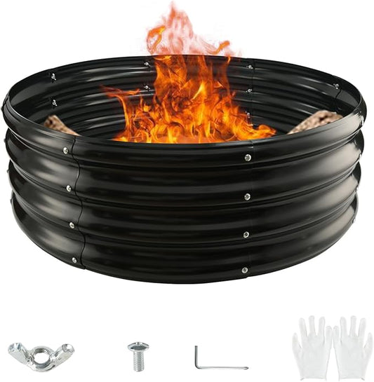Round Galvanized Steel Fire Ring/Fir Pit for Outdoor/Durable Round Galvanized Steel Raised Garden Bed for Planting-2.67×2.67×1FT,0.8MM Thick (32 ins Diameter x 12 ins high, Black)