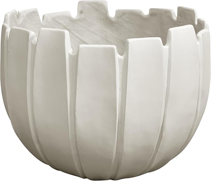 Large Round Planter with Drainage Hole, 9.5''H × 12.6''D Sphere Indoor Plant Pot, Modern Flower Pot for Outdoor Garden Patio Home, Wavy Rim Design, White