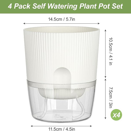 Plant Pots, 4 Pack 5.7 Inch Self Watering Pots for Indoor Plants, Flower Pots with Deep Reservoir and Drainage Holes - White