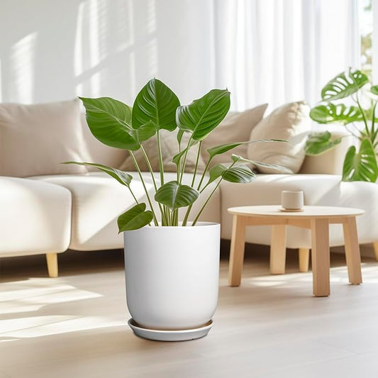 Pots for Plants - 10 Inch Ceramic Plant Pot with Drainage Hole and Saucer Large Planter for Plants Indoor Outdoor Modern Flower Pot for Home Decor White