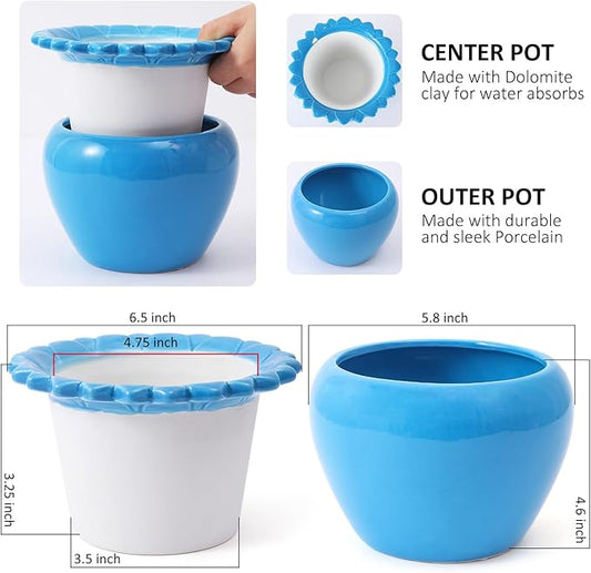 African Violet Pots 6.5 * 4.6 Inch Blue Ceramic Easy Plant Self Watering Pot Blue Ceramic Flowerpot with Water Absorbing Inner Pot Orchid Planter Lawn Yard Outside Decor