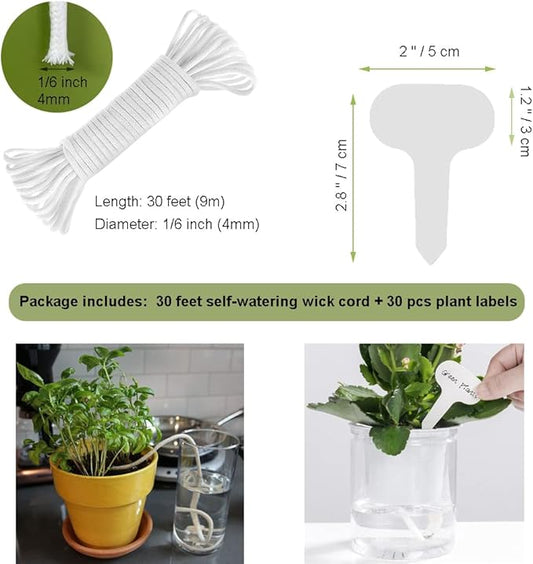 ORIMERC 30 feet Self Watering Wick Cord Automatic Watering Device for Vacation Self-Watering Planter Pot Potted Plant Sitter Auto Drip Waterer with 30 pcs 5 x 7cm Plant Labels Garden Tag Marker