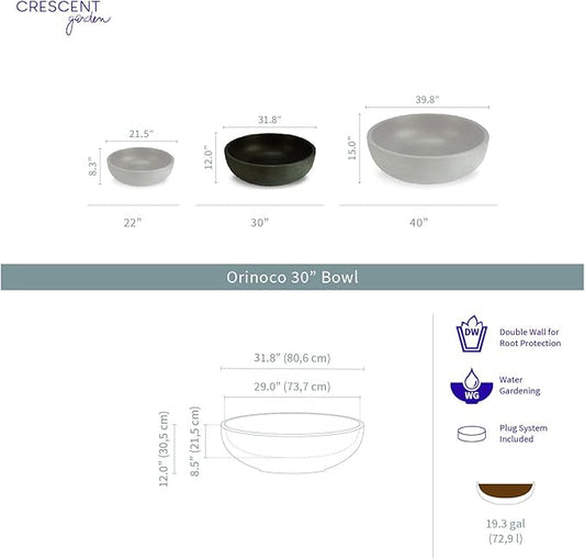 Crescent Garden Large Outdoor Planter Bowl – Double-Walled Resin Pot with Drain Hole for Water Gardens, Fountains, Decorative Landscaping - 30" W x 12" H (Weathered Concrete)